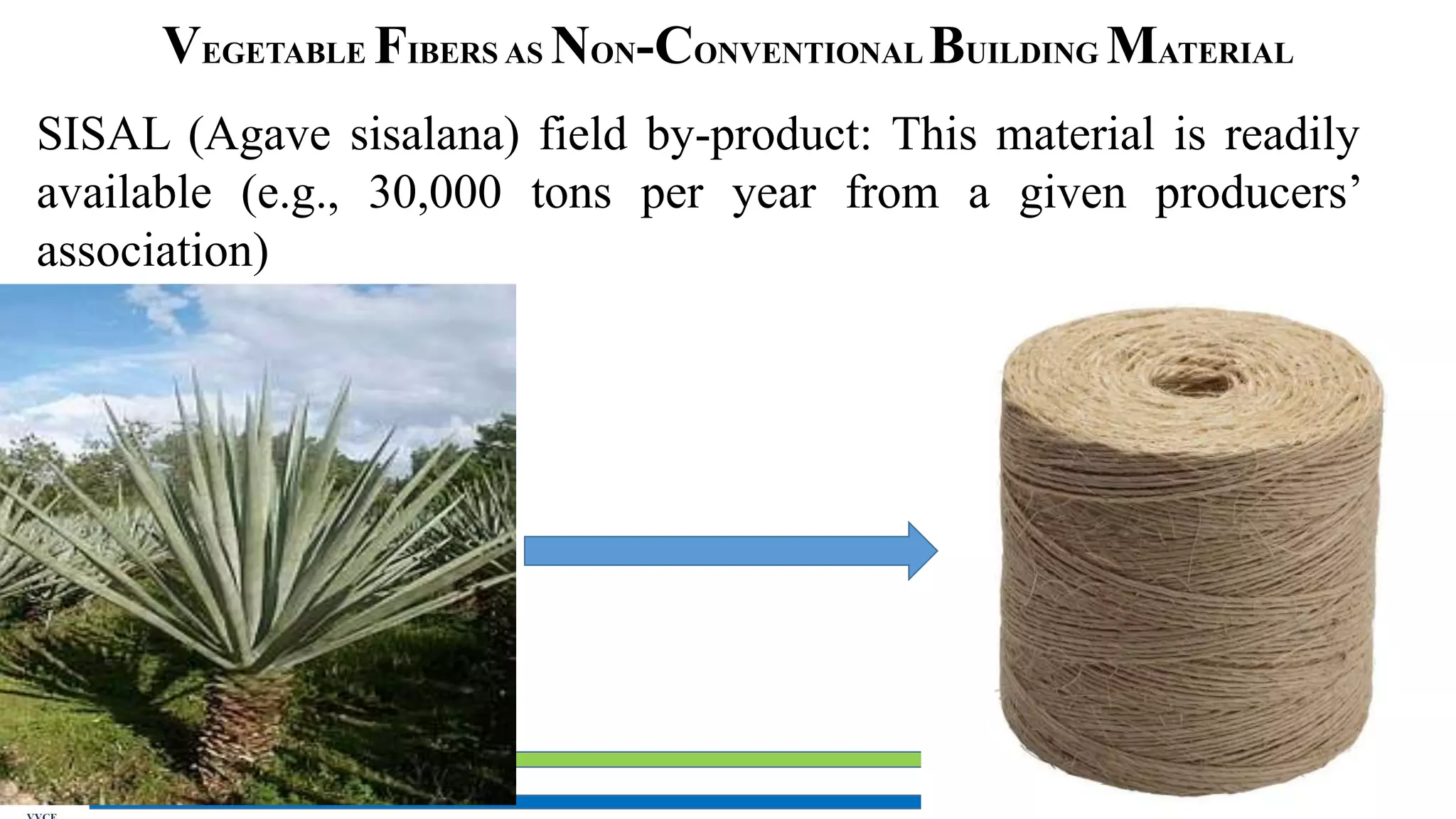 Sustainability Concepts in Civil Engineering (18CV654)
VEGETABLE FIBERS AS NON-CONVENTIONAL BUILDING MATERIAL
SISAL (Agave sisalana) field by-product: This material is readily
available (e.g., 30,000 tons per year from a given producers’
association)
 
