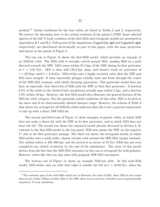 – 22 –


method.11 Initial conditions for the four orbits are listed in Tables 2 and 3, respectively.
We restrict the discussion here to the orbital evolution of the galaxy’s COM. Some selected
aspects of the full N-body evolution of the ﬁrst-M33 and retrograde models are presented in
Appendices B.1 and B.2. Full movies of the simulations (figure13a.mp4 and figure14.mp4,
respectively) are distributed electronically as part of this paper, with the same projection
and layout as the panels of Figure 5.
     The top row in Figure 11 shows the ﬁrst-M33 model, which provides an example of
an M33-hit orbit. The M33 orbit is strongly curved around M31, sending M33 on a path
directed towards the MW. M33 comes within 21.1 kpc of the MW during its ﬁrst pericenter
at t = 2.91 Gyr. M31 is then still 130.2 kpc away, and doesn’t reach its pericenter of
r = 29.9 kpc until t = 3.16 Gyr. M33 settles onto a highly eccentric orbit after the MW and
M31 have merged. It then repeatedly plunges radially back and forth through the center
of the MW-M31 remnant, with slowly decaying apocenters. This particular model does not
have an especially close direct-hit of M33 with the MW at their ﬁrst pericenter. A fraction
0.5% of the orbits in the Monte-Carlo simulations actually pass within 5 kpc, and a fraction
1.9% within 10 kpc. However, the ﬁrst-M33 model does illustrate the general features of the
M31-hit orbit category. For the particular initial conditions of this orbit, M31 is located at
the short end of its observationally allowed distance range. However, the column of Table 3
that shows the averages for all M33-hit orbits indicates that this is not a general requirement
to end up with a direct MW-M33 hit.
      The second and third rows of Figure 11 show examples of generic orbits, in which M33
does not make a direct hit with the MW at its ﬁrst pericenter, and in which M33 does not
leave the LG. The second row shows the canonical model already discussed in Section 3. In
contrast to the ﬁrst-M33 model in the top panel, M33 now misses the MW on the negative
Y ′ side at the ﬁrst pericenter passage. The third row shows the retrograde model, in which
M33 settles onto a much wider, almost circular orbit around the MW-M31 merger remnant.
The orbital radius is 350–400 kpc and the period is in excess of 10 Gyr (M33 has not even
completed one orbital revolution by the end of the simulation). The name of this model
derives from the fact that the MW-M31 encounter in this case is retrograde for both galaxies.
However, orbits like this can also arise with prograde MW-M31 encounters.
   The bottom row of Figure 11 shows an example M33-out orbit. In this wide-M33
model, M33 settles onto an orbit that takes it outside the LG at t = 10.94 Gyr, when the

  11
    The exclusive goal of the wide-M33 model was to illustrate the orbit of M33. Since M33 in this model
does not get within 130 kpc of either M31 or the MW, there was no need for a detailed (and computationally
expensive) N -body simulation.
 