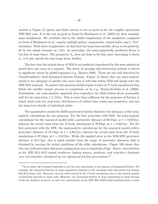 – 30 –


models in Figure 12 (green and black curves) is not as good as for the roughly equal-mass
MW-M31 case. It is also not as good as found by Hashimoto et al. (2003) for their unequal-
mass simulations. We attribute this to the added complexities of our simulation compared
to those of Hashimoto et al., namely multiple galaxy components, cusped halos, and a “live”
secondary. With these complexities, we ﬁnd that the long-term satellite decay is not perfectly
ﬁt by the simple formula eq. (A1). In particular, the semi-analytically predicted decay is
too fast at large times. The parameter Lu does not help to ﬁx this, since increasing it above
Lu ≈ 0 only speeds the late-stage decay further.
     The fact that the orbital decay of M33 is not perfectly reproduced by the semi-analytical
model does not come as a surprise. The decay in merging and interacting systems is driven
to signiﬁcant extent by global responses (e.g., Barnes 1998). These are not well described by
Chandrasekhar’s local dynamical friction formula. Figure 12 shows that our semi-analytic
model is not adequate to predict the exact time it will take before M33 will merge with the
MW-M31 remnant. To answer this question would require a suite of N-body simulations that
follow the satellite merger process to completion, as in, e.g., Boylan-Kolchin et al. (2008).
Nonetheless, our semi-analytic approach does reproduce the M33 orbital decay reasonably
well for the near-term, t 5 Gyr. This is more than suﬃcient for the purposes of Section 4,
which deals with the near-term distributions of orbital time scales and properties, and not
the long-term details of individual orbits.
     The quantitative results for M33’s pericenters further illustrate the adequacy of the semi-
analytic calculations for our purposes. For the ﬁrst pericenter with M31, the semi-analytic
calculations for the canonical model yield a pericenter distance of 80.3 kpc at t = 0.93 Gyr,
whereas the actual value from the N-body simulations is 79.6 kpc at t = 0.92 Gyr. For the
ﬁrst pericenter with the MW, the semi-analytic calculations for the canonical model yield a
pericenter distance of 74.4 kpc at t = 3.86 Gyr, whereas the actual value from the N-body
simulations is 97.3 kpc at t = 3.83 Gyr. While the implied error in the M33-MW pericenter
distance is 23.1 kpc, this is much smaller than the range of pericenter distances that is
obtained by varying the initial conditions of the orbit calculations. Figure 10b shows that
this can yield pericenter distances ranging from zero to hundreds of kpc. Hence, uncertainties
in the MW-M31-M33 initial conditions (galaxy masses, positions, and velocities) dominate
over uncertainties introduced by our dynamical friction prescription.12

  12
     As an aside, the Coulomb logarithm is not the only uncertainty in the amount of dynamical friction. For
example, the dynamical friction at large separations depends on the uncertain dark halo power-law density
fall-oﬀ at large radii. Moreover, this not well resolved in the N -body simulations due to the limited number
of dark-halo particles at large radii. However, any dynamical friction at large separations is small because
of the low densities involved. So here too, uncertainties in the MW-M31-M33 initial conditions have a much
 