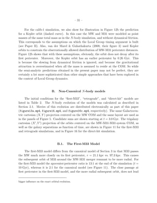 – 31 –


     For the calib-1 simulation, we also show for illustration in Figure 12b the prediction
for a Kepler orbit (dashed curve). In this case the MW and M31 were modeled as point
masses of the same total mass as in the N-body simulation, and without dynamical friction.
This corresponds to the assumptions on which the Local Group timing argument is built
(see Paper II). Also, van der Marel & Guhathakurta (2008; their ﬁgure 3) used Kepler
orbits to constrain the observationally allowed distribution of MW-M31 pericenter distances.
Figure 12b shows that with these assumptions, obviously, the orbit does not decay after its
ﬁrst pericenter. Moreover, the Kepler orbit has an earlier pericenter by 0.26 Gyr. This
is because the slowing from dynamical friction is ignored, and because the gravitational
attraction is overestimated when all the mass is assumed to reside at the COM. So while
the semi-analytic predictions obtained in the present paper may not be perfect, they are
certainly a lot more sophisticated than other simple approaches that have been explored in
the context of Local Group dynamics.



                             B.     Non-Canonical N-body models

     The initial conditions for the “ﬁrst-M33”, “retrograde”, and “direct-hit” models are
listed in Table 2. The N-body evolution of the models was calculated as described in
Section 2.1. Movies of this evolution are distributed electronically as part of this paper
(figure13a.mp4, figure14.mp4, and figure16c.mp4, respectively). The same Galactocen-
tric cartesian (X, Y ) projection centered on the MW COM and the same layout are used as
in the panels of Figure 5. Candidate suns are shown starting at t = 3.0 Gyr. The trigalaxy
cartesian (X ′ , Y ′ ) projection of the orbits centered on the MW-M31-M33 system COM, as
well as the galaxy separations as function of time, are shown in Figure 11 for the ﬁrst-M33
and retrograde simulations, and in Figure 16 for the direct-hit simulation.



                                  B.1.     The First-M33 Model

     The ﬁrst-M33 model diﬀers from the canonical model of Section 3 in that M33 passes
the MW much more closely on its ﬁrst pericenter, r = 21.1 kpc vs. 97.3 kpc. This causes
the subsequent orbit of M33 around the MW-M31 merger remnant to be more radial. For
the ﬁrst-M33 model the apocenter:pericenter ratio is 13:1 at the end of the simulation (t =
10 Gyr), whereas it is 2:1 for the canonical model (see Figure 11). The close passage at
ﬁrst pericenter in the ﬁrst-M33 model, and the more radial subsequent orbit, does not lead


bigger inﬂuence on the exact orbital evolution.
 