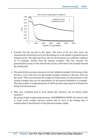 Machine Learning 15CS73
22 Deepak D, Asst. Prof., Dept. of CS&E, Canara Engineering College, Mangaluru
 Consider first the top plot in this figure. The lower of the two lines shows the
monotonically decreasing error E over the training set, as the number of gradient descent
iterations grows. The upper line shows the error E measured over a different validation
set of examples, distinct from the training examples. This line measures the
generalization accuracy of the network-the accuracy with which it fits examples beyond
the training data.
 The generalization accuracy measured over the validation examples first decreases, then
increases, even as the error over the training examples continues to decrease. How can
this occur? This occurs because the weights are being tuned to fit idiosyncrasies of the
training examples that are not representative of the general distribution of examples.
The large number of weight parameters in ANNs provides many degrees of freedom for
fitting such idiosyncrasies
 Why does overfitting tend to occur during later iterations, but not during earlier
iterations?
By giving enough weight-tuning iterations, BACKPROPAGATION will often be able
to create overly complex decision surfaces that fit noise in the training data or
unrepresentative characteristics of the particular training sample.
 
