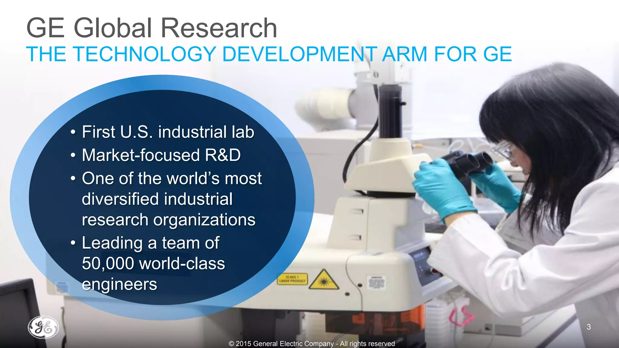 GE Global Research
THE TECHNOLOGY DEVELOPMENT ARM FOR GE
• First U.S. industrial lab
• Market-focused R&D
• One of the world’s most
diversified industrial
research organizations
• Leading a team of
50,000 world-class
engineers
3
© 2015 General Electric Company - All rights reserved
 