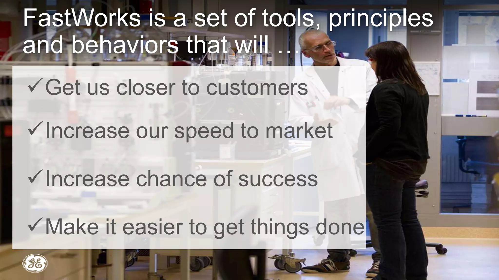 FastWorks is a set of tools, principles
and behaviors that will …
Get us closer to customers
Increase our speed to market
Increase chance of success
Make it easier to get things done
 