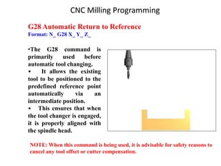 G28 Automatic Return to Reference
Format: N_ G28 X_ Y_ Z_
•The G28 command is
primarily used before
automatic tool changing.
• It allows the existing
tool to be positioned to the
predefined reference point
automatically via an
intermediate position.
• This ensures that when
the tool changer is engaged,
it is properly aligned with
the spindle head.
NOTE: When this command is being used, it is advisable for safety reasons to
cancel any tool offset or cutter compensation.
CNC Milling Programming
 