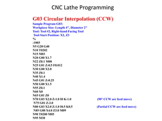 G03 Circular Interpolation (CCW)
Sample Program G03:
Workpiece Size: Length 4", Diameter 2"
Tool: Tool #2, Right-hand Facing Tool
Tool Start Position: X2, Z3
%
:1003
N5 G20 G40
N10 T0202
N15 M03
N20 G00 X1.7
N22 Z0.1 M08
N25 G01 Z-0.5 F0.012
N30 G00 X2.0
N35 Z0.1
N40 X1.4
N45 G01 Z-0.25
N50 G00 X1.5
N55 Z0.1
N60 X0
N65 G01 Z0
N70 G03 X2.0 Z-1.0 I0 K-1.0 (90° CCW arc feed move)
N75 G01 Z-2.0
N80 G03 X2.0 Z-1.0 I0.5 K0.5 (Partial CCW arc feed move)
N85 G00 X4.0 Z3.0 M09
N90 T0200 M05
N95 M30
CNC Lathe Programming
 