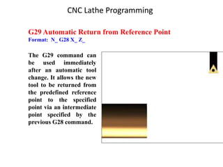 G29 Automatic Return from Reference Point
Format: N_ G28 X_ Z_
The G29 command can
be used immediately
after an automatic tool
change. It allows the new
tool to be returned from
the predefined reference
point to the specified
point via an intermediate
point specified by the
previous G28 command.
CNC Lathe Programming
 