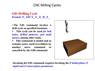 G81 Drilling Cycle
Format: N_ G81 X_ Y_ Z_ R_ F_
• The G81 command invokes a
drill cycle at specified locations.
• This cycle can be used for bolt
holes, drilled patterns, and mold
sprues, among other tasks.
• This command is modal and so
remains active until overridden by
another move command or
cancelled by the G80 command.
Invoking the G81 command requires invoking the Z initial plane, Z
depth and Z retract plane parameters
CNC Milling Cycles
 