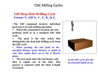 G82 Deep Hole Drilling Cycle
Format: N_ G83 X_ Y_ Z_ R_ Q_F_
• The G83 command involves individual
peck moves in each drilling operation.
• When this command is invoked, the tool
positions itself as in a standard G81 drill
cycle.
• The peck is the only action that
distinguishes the deep hole drilling cycle from
the G81 cycle.
• When pecking, the tool feeds in the
specified distance (peck distance or depth of
cut), then rapids back out to the Z Retract
plane.
• The next peck takes the tool deeper, and
then it rapids out of the hole. This
process is repeated until the final Z depth
is reached.
In the G83 cycle, Q is the
incremental depth of cut.
CNC Milling Cycles
 