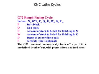 CNC Lathe Cycles
G72 Rough Facing Cycle
Format: N_ G71_ P_ Q_ U_ W_ D_ F _
P Start block
Q End block
U Amount of stock to be left for finishing in X
W Amount of stock to be left for finishing in Z
D Depth of cut for finish pass
F Feedrate (this is optional)
The G72 command automatically faces off a part to a
predefined depth of cut, with preset offsets and feed rates.
 