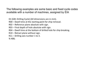 The following examples are some basic and fixed cycle codes
available with a number of machines, assigned by EIA
01 (G81 Drilling Cycle) (All dimensions are in mm).
R00 – Dwell time at the starting point for chip removal.
R02 – Reference plane absolute with sign.
R03 – Final depth of hole absolute with sign.
R04 – Dwell time at the bottom of drilled hole for chip breaking.
R10 – Retract plane without sign.
R11 – Drilling axis number 1 to 3.
% 400;
 