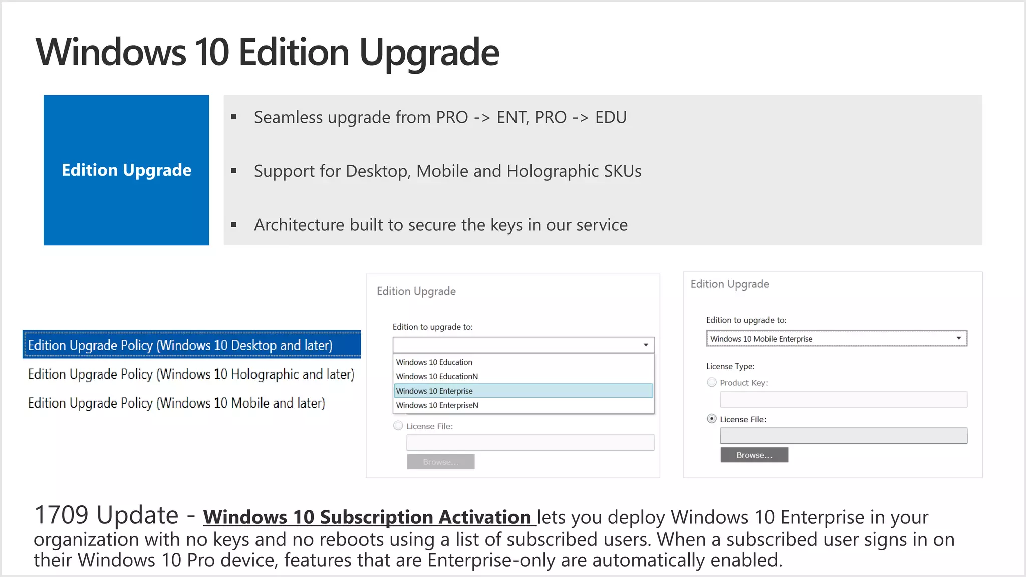 ▪ Seamless upgrade from PRO -> ENT, PRO -> EDU
▪ Support for Desktop, Mobile and Holographic SKUs
▪ Architecture built to secure the keys in our service
Edition Upgrade
Windows 10 Subscription Activation lets you deploy Windows 10 Enterprise in your
organization with no keys and no reboots using a list of subscribed users. When a subscribed user signs in on
their Windows 10 Pro device, features that are Enterprise-only are automatically enabled.
 