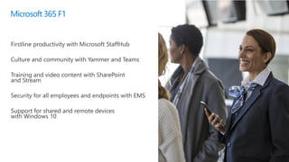 Microsoft 365 F1
Firstline productivity with Microsoft StaffHub
Culture and community with Yammer and Teams
Training and video content with SharePoint
and Stream
Security for all employees and endpoints with EMS
Support for shared and remote devices
with Windows 10
 