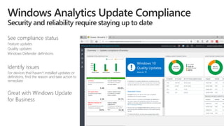 See compliance status
Feature updates
Quality updates
Windows Defender definitions
Identify issues
For devices that haven’t installed updates or
definitions, find the reason and take action to
remediate
Great with Windows Update
for Business
 