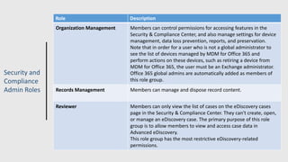 Security and
Compliance
Admin Roles
Role Description
Organization Management Members can control permissions for accessing features in the
Security & Compliance Center, and also manage settings for device
management, data loss prevention, reports, and preservation.
Note that in order for a user who is not a global administrator to
see the list of devices managed by MDM for Office 365 and
perform actions on these devices, such as retiring a device from
MDM for Office 365, the user must be an Exchange administrator.
Office 365 global admins are automatically added as members of
this role group.
Records Management Members can manage and dispose record content.
Reviewer Members can only view the list of cases on the eDiscovery cases
page in the Security & Compliance Center. They can't create, open,
or manage an eDiscovery case. The primary purpose of this role
group is to allow members to view and access case data in
Advanced eDiscovery.
This role group has the most restrictive eDiscovery-related
permissions.
 