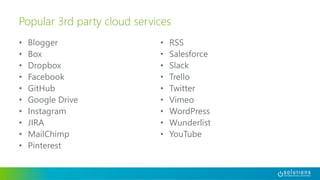 • Blogger
• Box
• Dropbox
• Facebook
• GitHub
• Google Drive
• Instagram
• JIRA
• MailChimp
• Pinterest
• RSS
• Salesforce
• Slack
• Trello
• Twitter
• Vimeo
• WordPress
• Wunderlist
• YouTube
Popular 3rd party cloud services
 