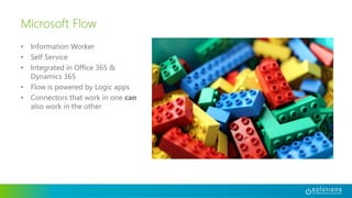 • Information Worker
• Self Service
• Integrated in Office 365 &
Dynamics 365
• Flow is powered by Logic apps
• Connectors that work in one can
also work in the other
Microsoft Flow
 