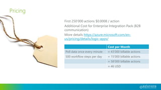 First 250’000 actions $0.0008 / action
Additional Cost for Enterprise Integration Pack (B2B
communication)
More details https://azure.microsoft.com/en-
us/pricing/details/logic-apps/
Pricing
Cost per Month
Poll data once every minute ≈ 43’000 billable actions
500 workflow steps per day ≈ 15’000 billable actions
≈ 58’000 billable actions
≈ 46 USD
 