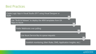 Create Logic App in Visual Studio 2017 using Visual Designer or
JSON
Use “Build & Release” to deploy the ARM templates from Git
Repo to Azure
Prefer Webhooks over polling
Use Azure Service Bus to queue requests
Establish monitoring (Alert Rules, OMS, Application Insights, etc.)
Best Practices
 