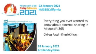 22 January 2021
#M365California
28 January 2021
#collabdaysbirm
Everything you ever wanted to
know about external sharing in
Microsoft 365
Chirag Patel @techChirag
 