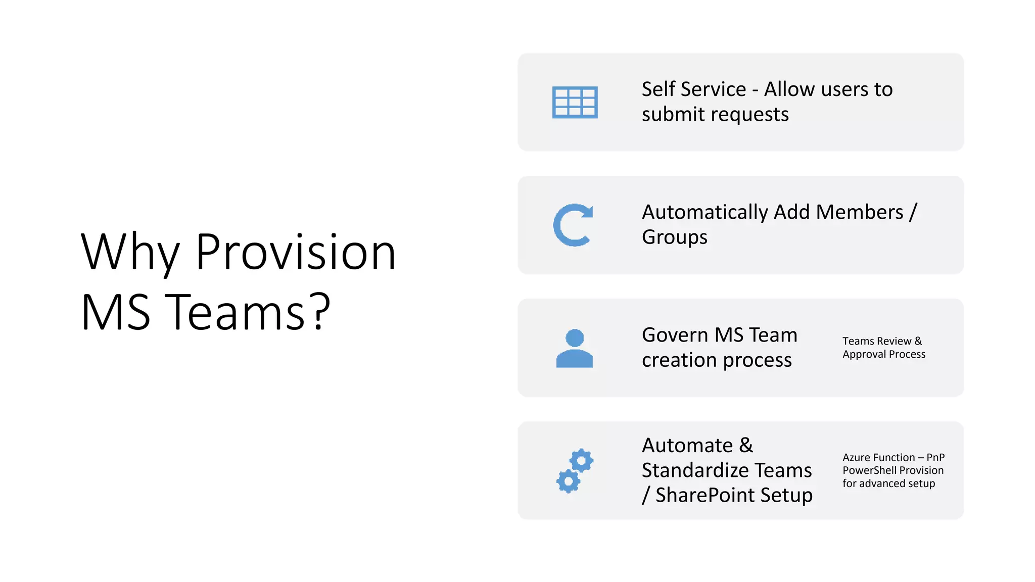 Why Provision
MS Teams?
Self Service - Allow users to
submit requests
Automatically Add Members /
Groups
Govern MS Team
creation process
Teams Review &
Approval Process
Automate &
Standardize Teams
/ SharePoint Setup
Azure Function – PnP
PowerShell Provision
for advanced setup
 
