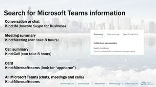 Search for Microsoft Teams information
Conversation or chat
Kind:IM (beware Skype for Business)
Meeting summary
Kind:Meeting (can take 8 hours)
Call summary
Kind:Call (can take 8 hours)
Card
Kind:Microsoftteams (look for “appname”)
All Microsoft Teams (chats, meetings and calls)
Kind:Microsoftteams alberthoitingh.com | @alberthoitingh | #M365CHI22 | @M365Chicago | m365chicago.com
 
