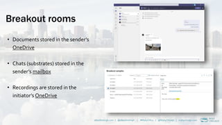 Breakout rooms
• Documents stored in the sender’s
OneDrive
• Chats (substrates) stored in the
sender’s mailbox
• Recordings are stored in the
initiator’s OneDrive
alberthoitingh.com | @alberthoitingh | #M365CHI22 | @M365Chicago | m365chicago.com
 