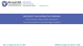 FALL: Las Vegas, NV Dec 7–9, 2021 SPRING: Las Vegas, NV April 5–7, 2022
M365Conf.com
MICROSOFT VIVA INTERACTIVE OVERVIEW
Viva Connections, Topics, Insight, and Learning
The new foundation for customized digital workplaces
 