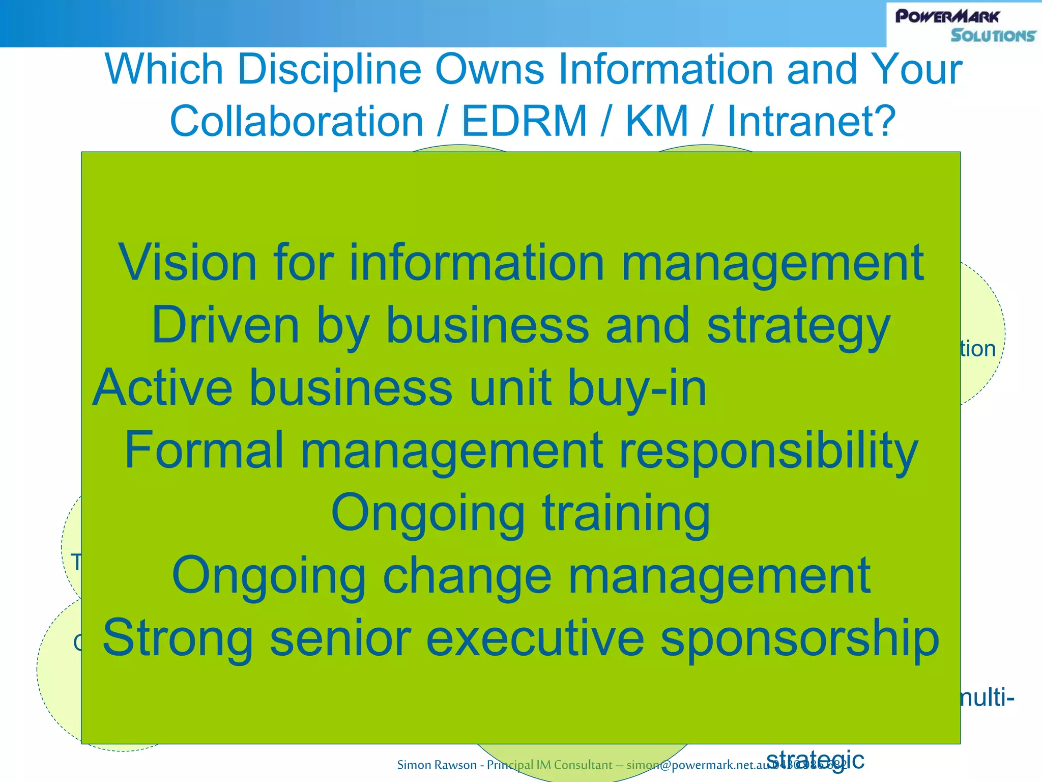 Simon Rawson -Principal IM Consultant – simon@powermark.net.au 0430986682
Customer
Self
Service
HR /
Training
Knowledge
Management
Information
Technology
Information
Management
Marketing &
Communications
Process / Quality
Office
Information
management is multi-
disciplinary and
strategic
Customer
Support
Business
Units
Digital
Transformation
Digital
Transformation
Which Discipline Owns Information and Your
Collaboration / EDRM / KM / Intranet?
Vision for information management
Driven by business and strategy
Active business unit buy-in
Formal management responsibility
Ongoing training
Ongoing change management
Strong senior executive sponsorship
 