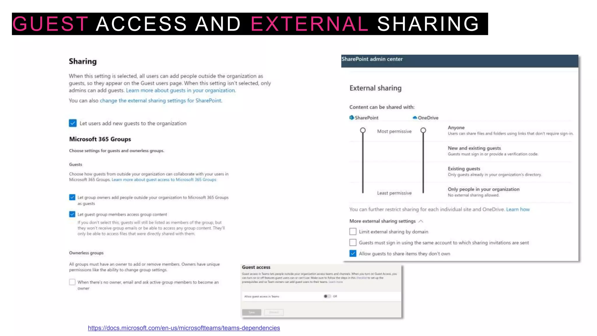 GUEST ACCESS AND EXTERNAL SHARING
https://docs.microsoft.com/en-us/microsoftteams/teams-dependencies
 
