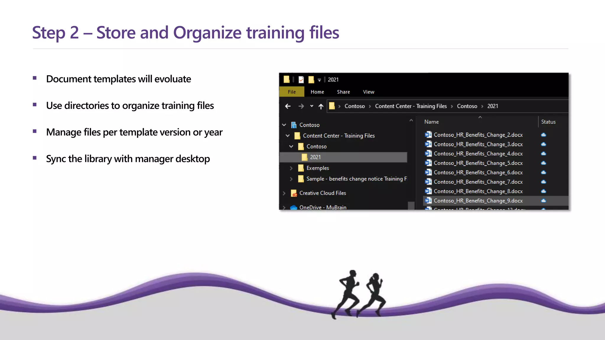  Document templates will evoluate
 Use directories to organize training files
 Manage files per template version or year
 Sync the library with manager desktop
Step 2 – Store and Organize training files
 