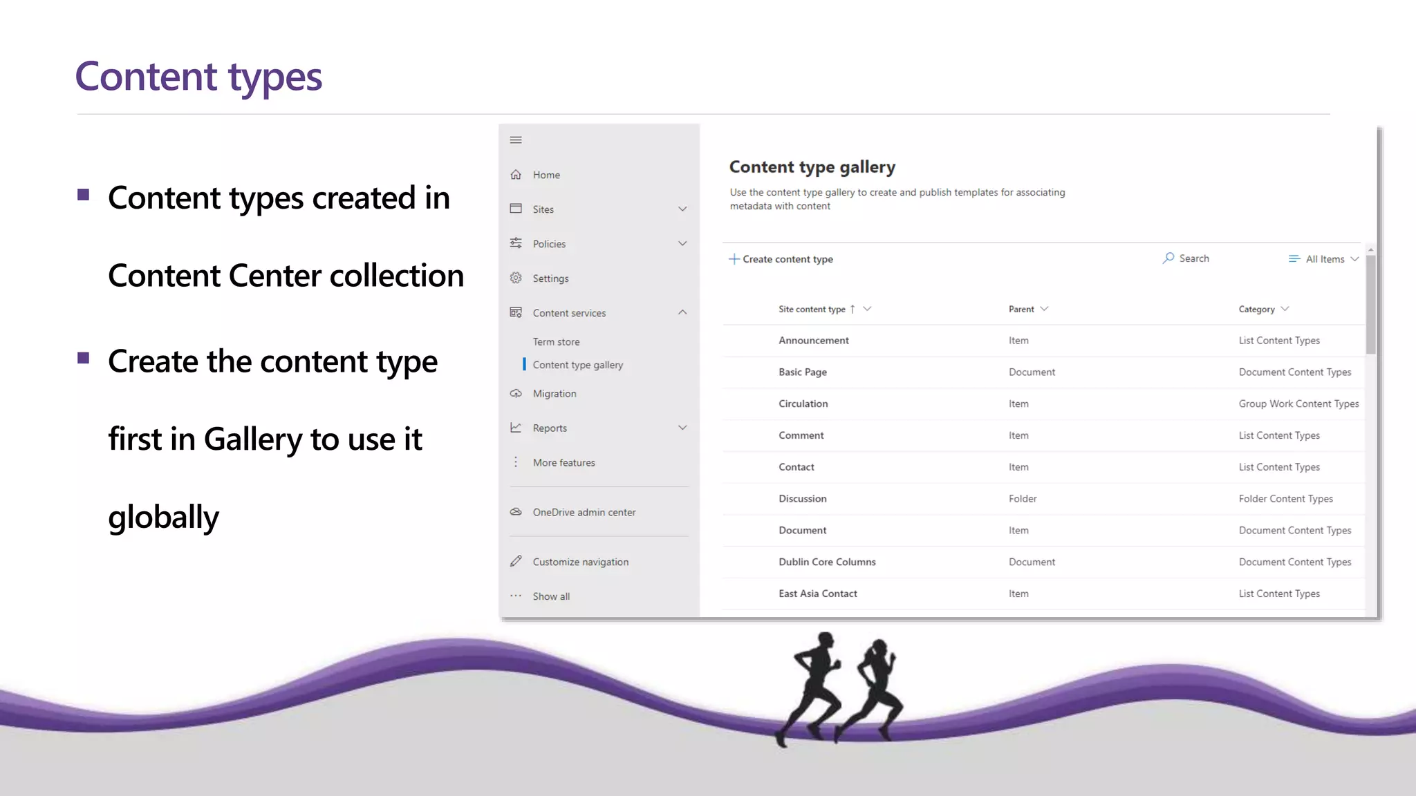  Content types created in
Content Center collection
 Create the content type
first in Gallery to use it
globally
Content types
 