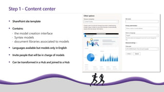  SharePoint site template
 Contains:
 the model creation interface
 Syntex models
 document libraries associated to models
 Languages available but models only in English
 Invite people that will be in charge of models
 Can be transformed in a Hub and joined to a Hub
Step 1 - Content center
 