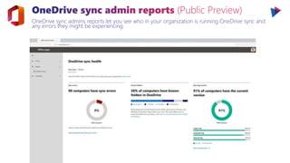 OneDrive sync admins reports let you see who in your organization is running OneDrive sync and
any errors they might be experiencing.
 