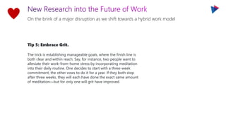 On the brink of a major disruption as we shift towards a hybrid work model
Tip 5: Embrace Grit.
The trick is establishing manageable goals, where the finish line is
both clear and within reach. Say, for instance, two people want to
alleviate their work-from-home stress by incorporating meditation
into their daily routine. One decides to start with a three-week
commitment; the other vows to do it for a year. If they both stop
after three weeks, they will each have done the exact same amount
of meditation—but for only one will grit have improved.
 