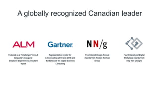 Featured as a “Challenger” in ALM
Vanguard’s inaugural
Employee Experience Consultant
report
Representative vendor for
EX consulting (2018 and 2019) and
Market Guide for Digital Business
Consulting
Five Intranet Design Annual
Awards from Nielsen Norman
Group
Four Intranet and Digital
Workplace Awards from
Step Two Designs
A globally recognized Canadian leader
 