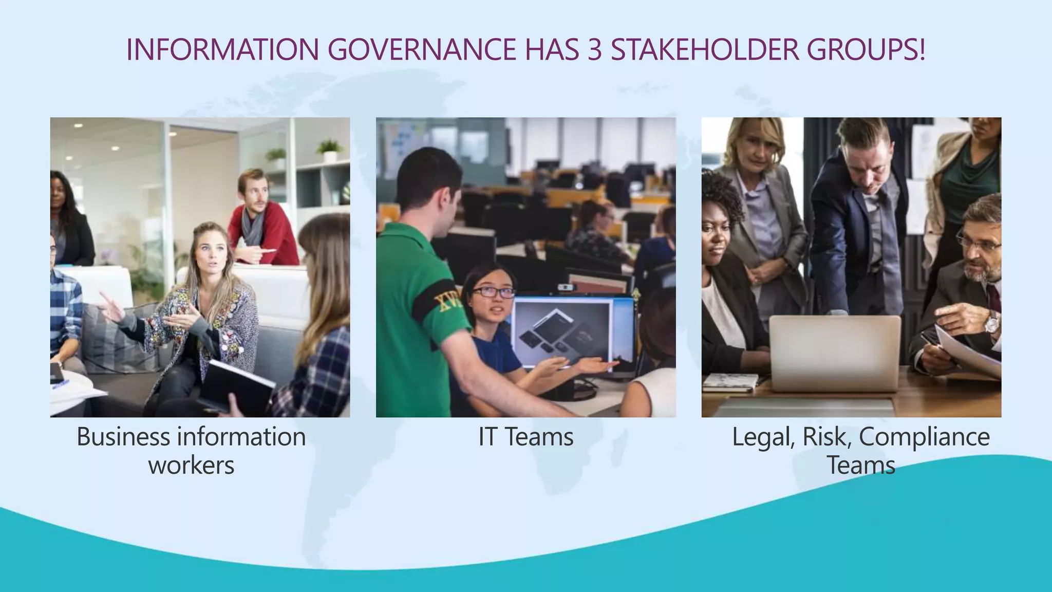 INFORMATION GOVERNANCE HAS 3 STAKEHOLDER GROUPS!
Business information
workers
IT Teams Legal, Risk, Compliance
Teams
 