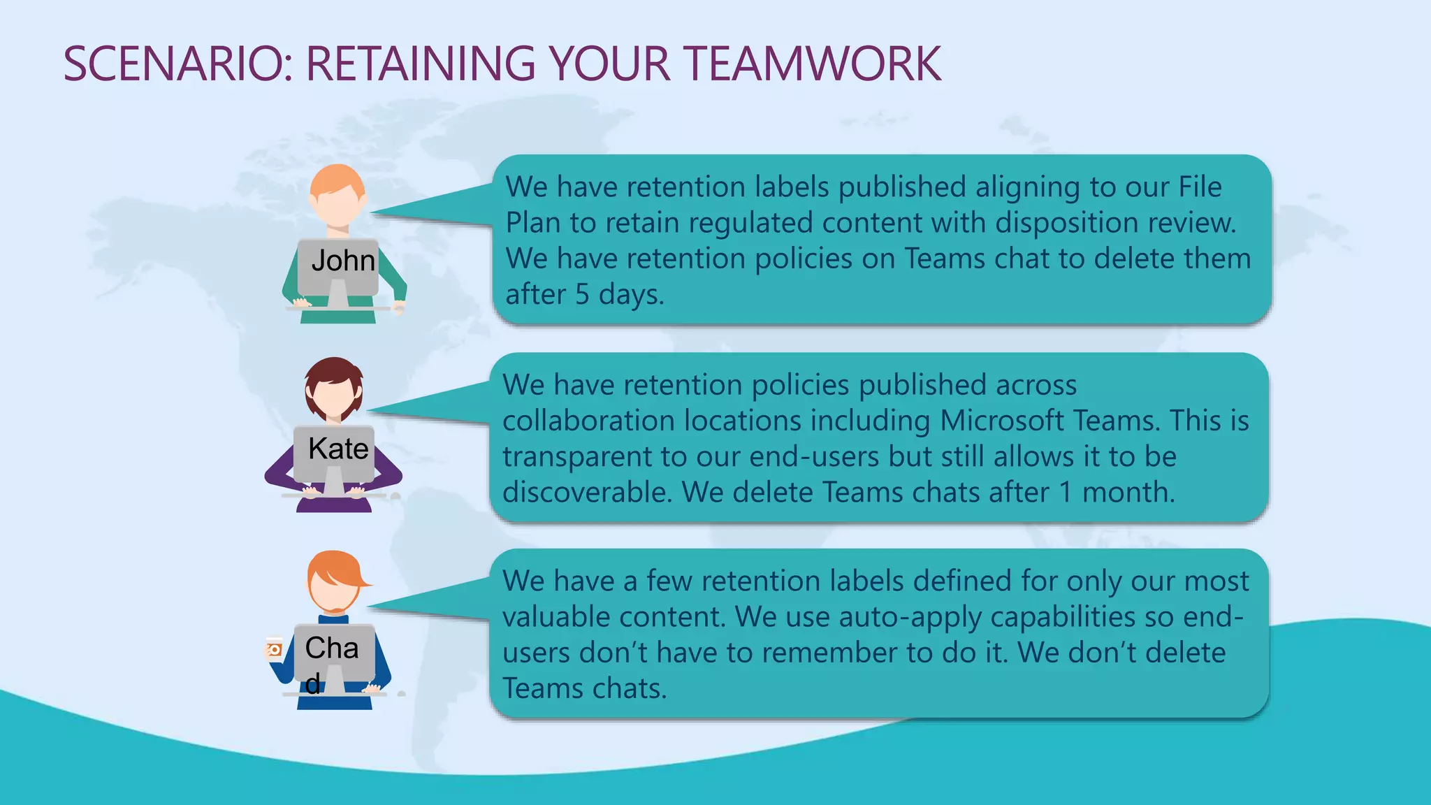 We have retention labels published aligning to our File
Plan to retain regulated content with disposition review.
We have retention policies on Teams chat to delete them
after 5 days.
SCENARIO: RETAINING YOUR TEAMWORK
We have retention policies published across
collaboration locations including Microsoft Teams. This is
transparent to our end-users but still allows it to be
discoverable. We delete Teams chats after 1 month.
We have a few retention labels defined for only our most
valuable content. We use auto-apply capabilities so end-
users don’t have to remember to do it. We don’t delete
Teams chats.
John
Kate
Cha
d
 