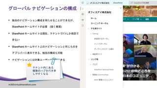 m365virtualmarathon.com #M365VM
 独自のナビゲーション構成を持たせることができるが、
SharePoint ホームサイトが必要 (強く推奨)
 SharePoint ホームサイトは現在、テナントで1つしか指定で
きない
 SharePoint ホームサイト上のナビゲーションと同じものを
アプリバーに表示できる。独自の構成も可能
 ナビゲーションには対象ユーザーも指定できる
グローバル ナビゲーションの構成
テナント内にある
複数のハブを行き来
しやすくなる
 