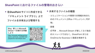 m365virtualmarathon.com #M365VM
 共有するファイルの種類
 コミュニケーションや業務での情報共有のた
めのドキュメント (Office ドキュメント, PDF
等)
 画像
 ビデオ … Microsoft Stream が新しくなり独自
のストレージではなく、SharePoint または
OneDrive for Business に動画を格納する
SharePoint におけるファイルの管理のおさらい
 各SharePoint サイトに作成できる
「ドキュメント ライブラリ」上で
ファイルを共有および管理する
Blog : 新しい Microsoft
Stream への移行を準備
しよう
https://shanqiai.weblogs.jp/shar
epoint_technical_note/2021/03/
prepare-for-new-stream.html
 