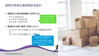 m365virtualmarathon.com #M365VM
 物理的な分類 (格納場所に依存する)
 サイトで仕分ける
 ライブラリで仕分ける
 フォルダーで仕分ける
 論理的な分類 (場所に依存しない)
 コンテンツ タイプを使ってファイルの種別を分別す
る
 ライブラリに列を追加して、仕分ける
仕分け方の工夫が欠かせない
 