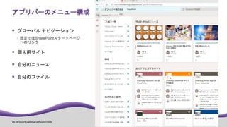 m365virtualmarathon.com #M365VM
 グローバル ナビゲーション
 既定ではSharePointスタートページ
へのリンク
 個人用サイト
 自分のニュース
 自分のファイル
アプリバーのメニュー構成
 