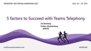 April, 26. – 28. 2021
MICROSOFT 365 VIRTUAL MARATHON 2021
m365virtualmarathon.com #M365VM
5 factors to Succeed with Teams Telephony
Kai Stenberg
Twitter: @kaistenberg
@blinQ
 
