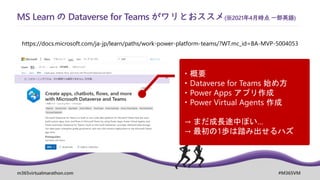 m365virtualmarathon.com #M365VM
MS Learn の Dataverse for Teams がワリとおススメ(※2021年4月時点 一部英語)
https://docs.microsoft.com/ja-jp/learn/paths/work-power-platform-teams/?WT.mc_id=BA-MVP-5004053
 