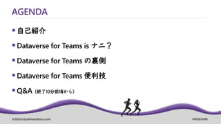 m365virtualmarathon.com #M365VM
AGENDA
▪自己紹介
▪Dataverse for Teams is ナニ？
▪Dataverse for Teams の裏側
▪Dataverse for Teams 便利技
▪Q&A（終了10分前頃から）
 