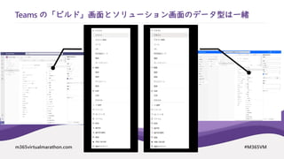 m365virtualmarathon.com #M365VM
Teams の「ビルド」画面とソリューション画面のデータ型は一緒
 