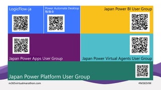 m365virtualmarathon.com #M365VM
Japan Power Apps User Group
LogicFlow-ja
Japan Power Virtual Agents User Group
Japan Power BI User Group
Japan Power Platform User Group
Power Automate Desktop
勉強会
 