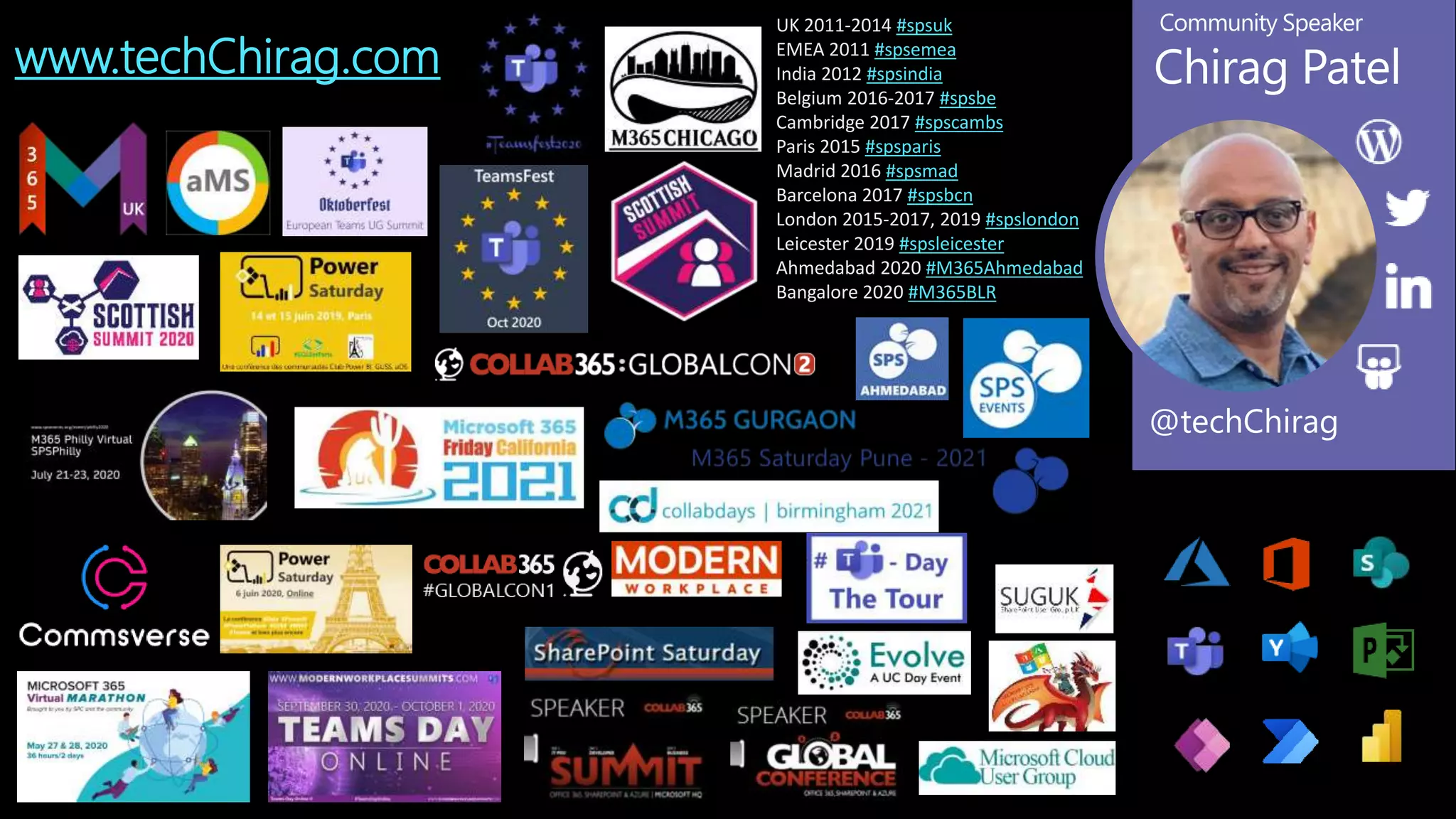 Community Speaker
Chirag Patel
@techChirag
UK 2011-2014 #spsuk
EMEA 2011 #spsemea
India 2012 #spsindia
Belgium 2016-2017 #spsbe
Cambridge 2017 #spscambs
Paris 2015 #spsparis
Madrid 2016 #spsmad
Barcelona 2017 #spsbcn
London 2015-2017, 2019 #spslondon
Leicester 2019 #spsleicester
Ahmedabad 2020 #M365Ahmedabad
Bangalore 2020 #M365BLR
www.techChirag.com
 