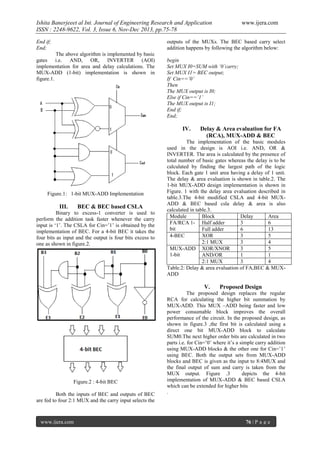 Ishita Banerjeeet al Int. Journal of Engineering Research and Application
ISSN : 2248-9622, Vol. 3, Issue 6, Nov-Dec 2013, pp.75-78
End if;
End;

www.ijera.com

outputs of the MUXs. The BEC based carry select
addition happens by following the algorithm below:

The above algorithm is implemented by basic
gates i.e. AND, OR, INVERTER (AOI)
implementation for area and delay calculations. The
MUX-ADD (1-bit) implementation is shown in
figure.1.

begin
Set MUX I0=SUM with ‘0’carry;
Set MUX I1= BEC output;
If Cin==’0’
Then
The MUX output is I0;
Else if Cin==’1’
The MUX output is I1;
End if;
End;

IV.

Figure.1: 1-bit MUX-ADD Implementation

III.

BEC & BEC based CSLA

Binary to excess-1 converter is used to
perform the addition task faster whenever the carry
input is ‘1’. The CSLA for Cin=’1’ is obtained by the
implementation of BEC. For a 4-bit BEC it takes the
four bits as input and the output is four bits excess to
one as shown in figure.2.

Delay & Area evaluation for FA
(RCA), MUX-ADD & BEC

The implementation of the basic modules
used in the design is AOI i.e. AND, OR &
INVERTER. The area is calculated by the presence of
total number of basic gates whereas the delay is to be
calculated by finding the largest path of the logic
block. Each gate 1 unit area having a delay of 1 unit.
The delay & area evaluation is shown in table.2. The
1-bit MUX-ADD design implementation is shown in
Figure. 1 with the delay area evaluation described in
table.3.The 4-bit modified CSLA and 4-bit MUXADD & BEC based csla delay & area is also
calculated in table.3.
Module
Block
Delay
Area
FA/RCA 1- Half adder
3
6
bit
Full adder
6
13
4-BEC
XOR
3
5
2:1 MUX
3
4
MUX-ADD XOR/XNOR
3
5
1-bit
AND/OR
1
1
2:1 MUX
3
4
Table.2: Delay & area evaluation of FA,BEC & MUXADD

V.

Figure.2 : 4-bit BEC
Both the inputs of BEC and outputs of BEC
are fed to four 2:1 MUX and the carry input selects the

www.ijera.com

Proposed Design

The proposed design replaces the regular
RCA for calculating the higher bit summation by
MUX-ADD. This MUX –ADD being faster and low
power consumable block improves the overall
performance of the circuit. In the proposed design, as
shown in figure.3 ,the first bit is calculated using a
direct one bit MUX-ADD block to calculate
SUM0.The next higher order bits are calculated in two
parts i.e. for Cin=’0’ where it’s a simple carry addition
using MUX-ADD blocks & the other one for Cin=’1’
using BEC. Both the output sets from MUX-ADD
blocks and BEC is given as the input to 8:4MUX and
the final output of sum and carry is taken from the
MUX output. Figure .3
depicts the 4-bit
implementation of MUX-ADD & BEC based CSLA
which can be extended for higher bits
.

76 | P a g e

 