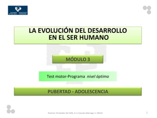LA EVOLUCIÓN DEL DESARROLLO
      EN EL SER HUMANO

                         MÓDULO 3


    Test motor-Programa nivel óptimo


     PUBERTAD - ADOLESCENCIA


     Autores: Fernández del Valle, A. e Irazusta Adarraga, S. (2012).   1
 