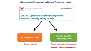 R. Fontes-Carvalho, 2010
OBJECTIVOS DO TRATAMENTO DA DOENÇA CORONÁRIA ESTÁVEL
MELHORAR SINTOMAS
REDUZIR EVENTOS
CARDIOVASCULARES
REDUZIR A ISQUEMIA PARAR A PROGRESSÃO DA ATEROSCLEROSE
PREVENIR A RUPTURA/EROSÃO DA PLACA
 
